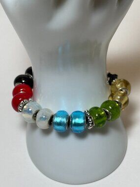 Multi Colored Beaded Bracelet Black Leather Adjustable Length Toggle Clasp